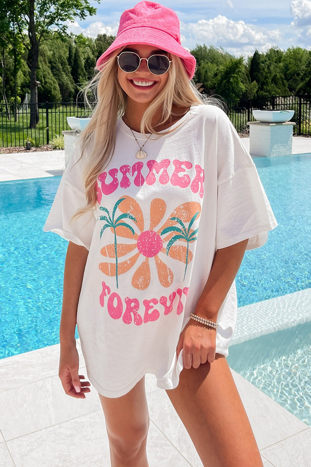 White Summer Forever Flower Graphic Tunic T Shirt