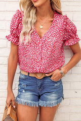 Pink Abstract Print Casual V Neck Ruffle Sleeve Blouse