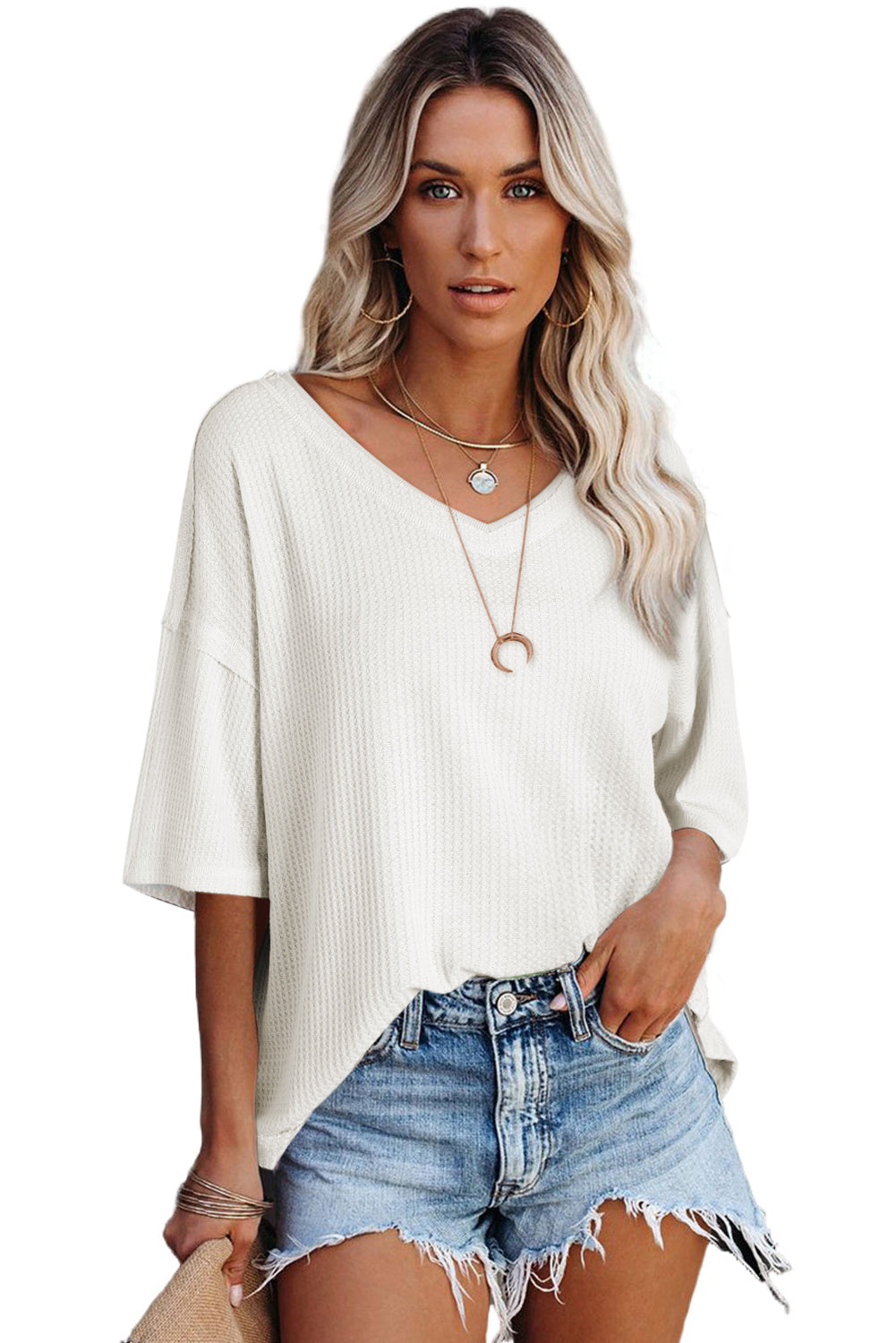 White Waffle Knit Casual Drop Shoulder Loose Top