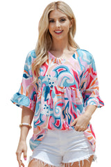 Light Blue Abstract Print Ruffle V Neck Babydoll Blouse