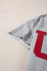 Light Grey USA Letter Patch Notched Neck Loose Tee