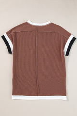 Coffee Ribbed Colorblock Round Neck T Shirt