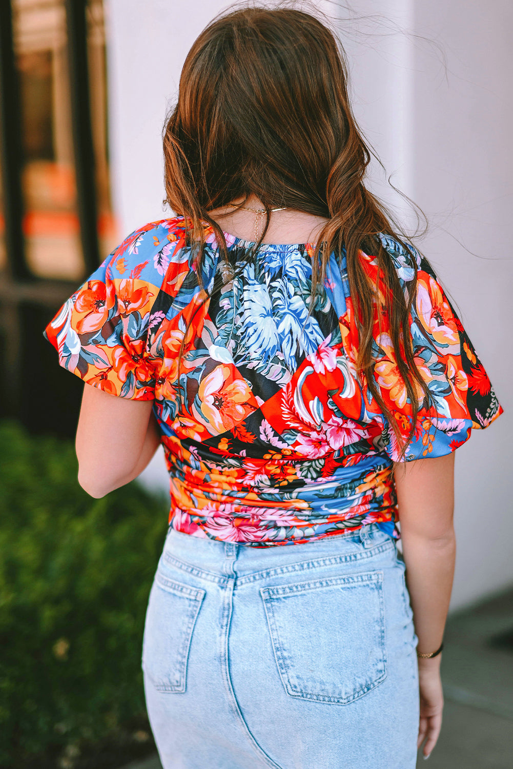 Orange Floral Print Ruched Puff Sleeve V Neck Blouse