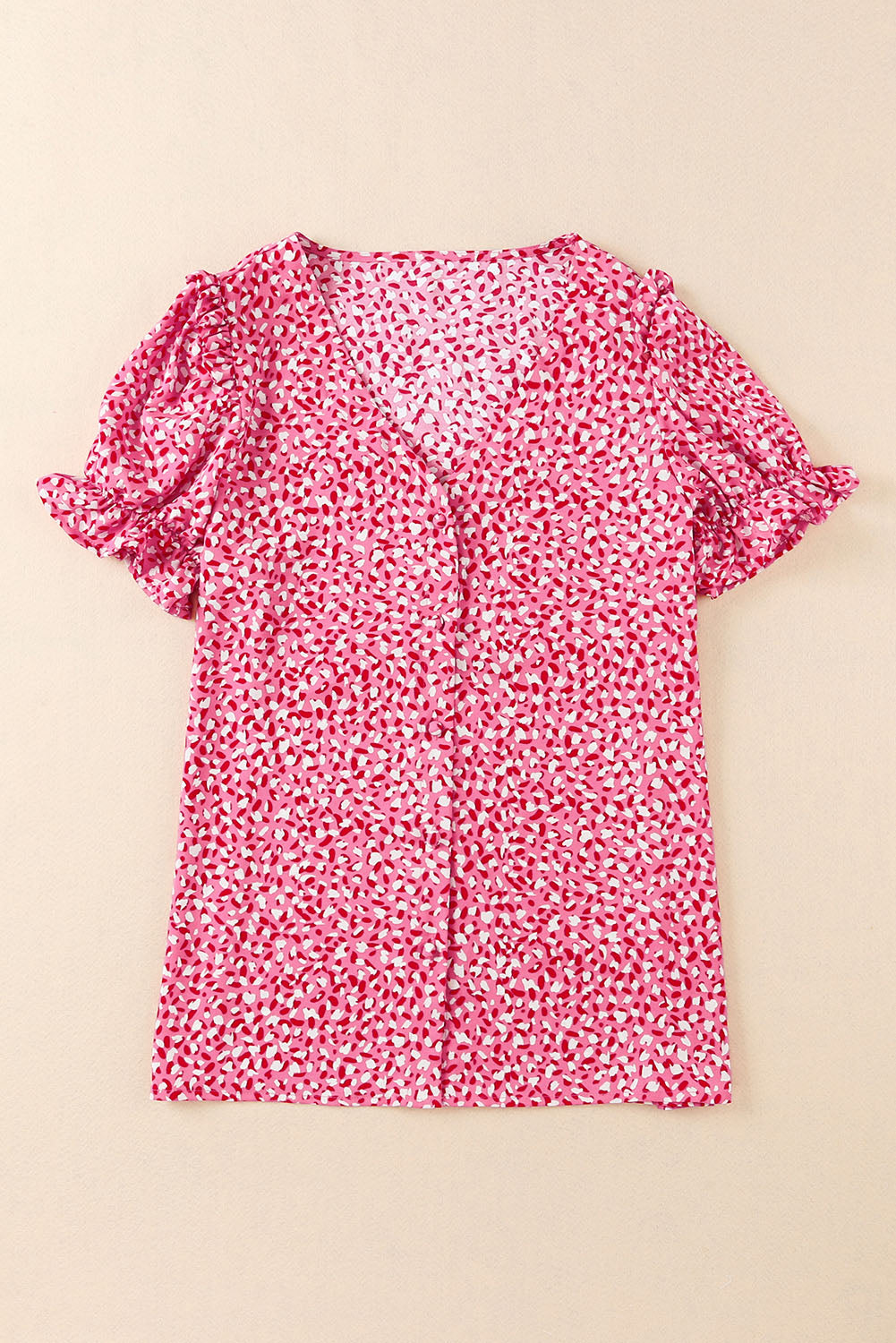 Pink Abstract Print Casual V Neck Ruffle Sleeve Blouse