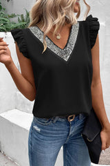 Black Sequin Splicing V Neck Flutter Sleeve Blouse