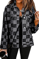 Black Checkered Patchwork Button Up Denim Jacket