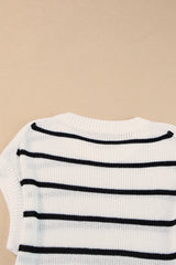 White Striped Pattern Batwing Short Sleeve Knit Sweater