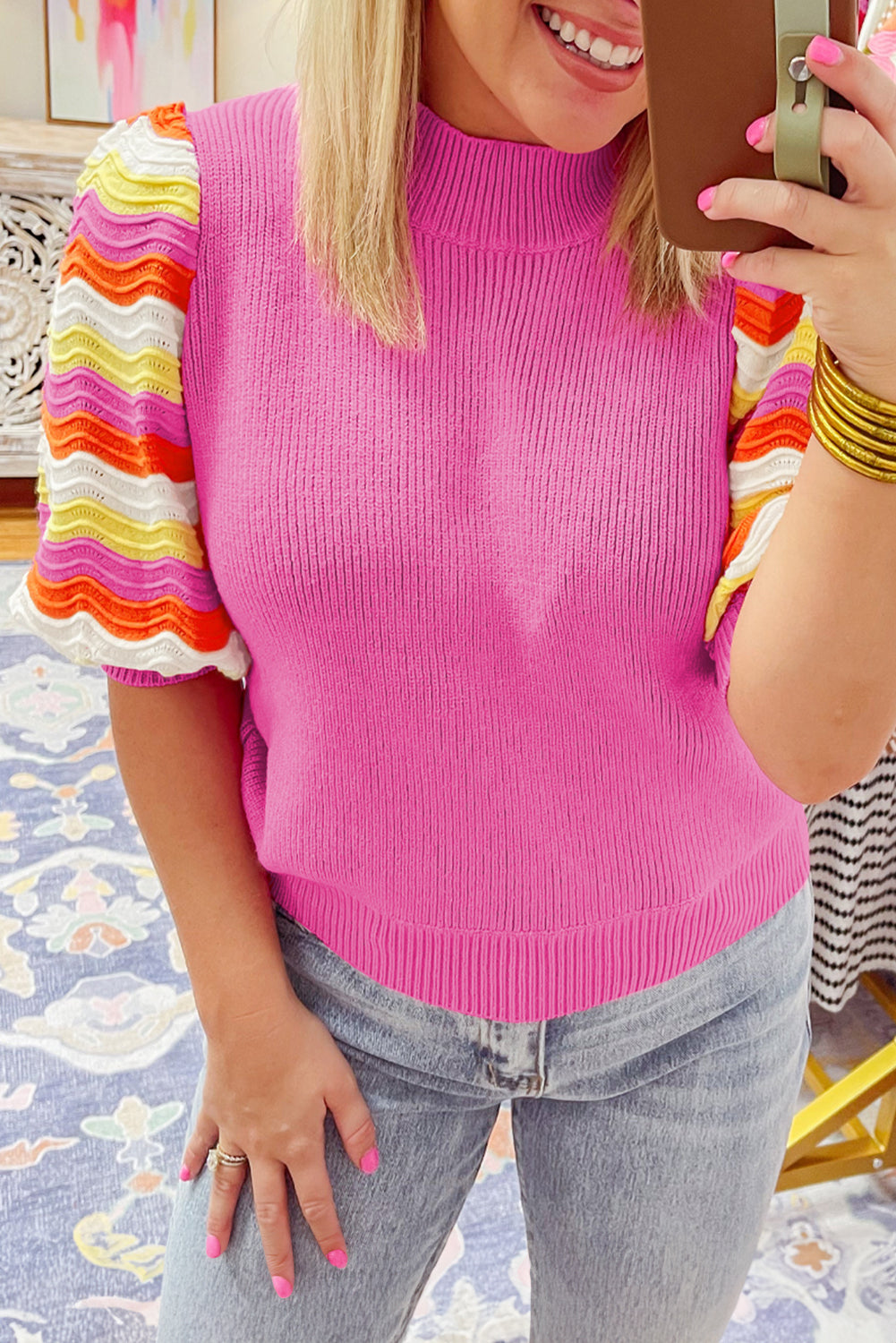 Pink Ribbed Knit Contrast Short Sleeve Mock Neck Sweater