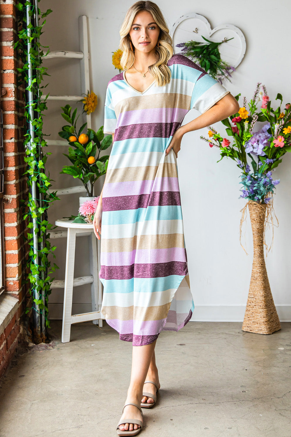 Multicolor Stripes Print Casual T Shirt Summer Dress