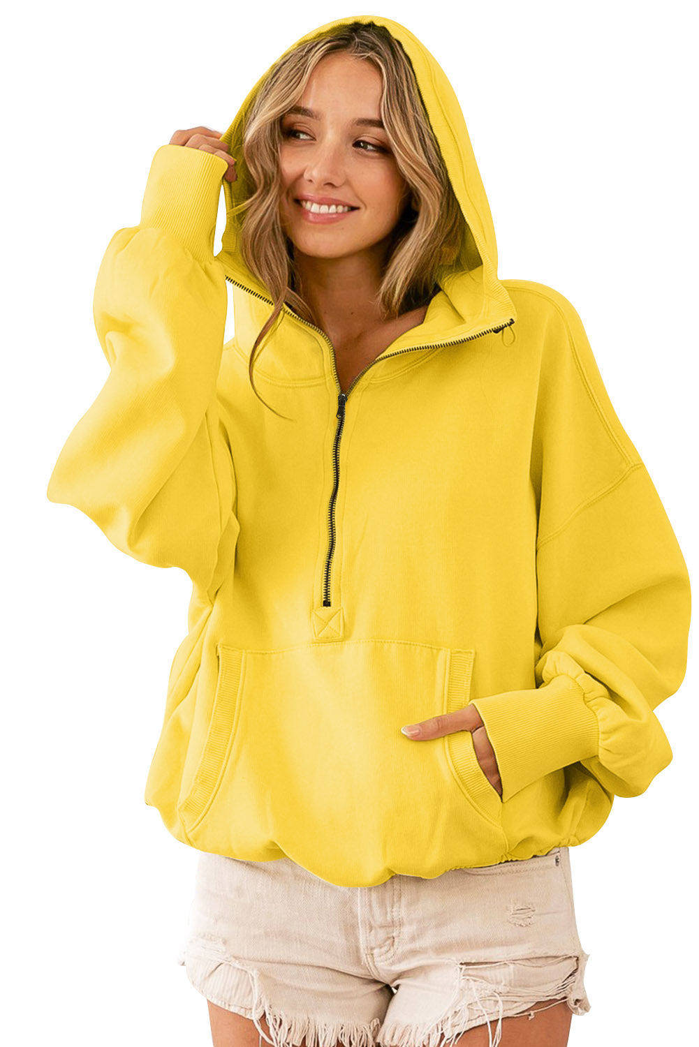 Yellow Solid Color Half Zip Pullover Hoodie with Kangaroo Pocket