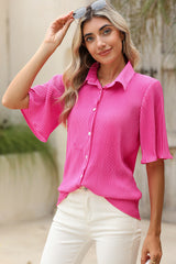 Bright Pink Button Up Pleated Blouse