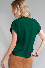 Wholesale Green Patch Pocket Ribbed Knit Short Sleeve Sweater