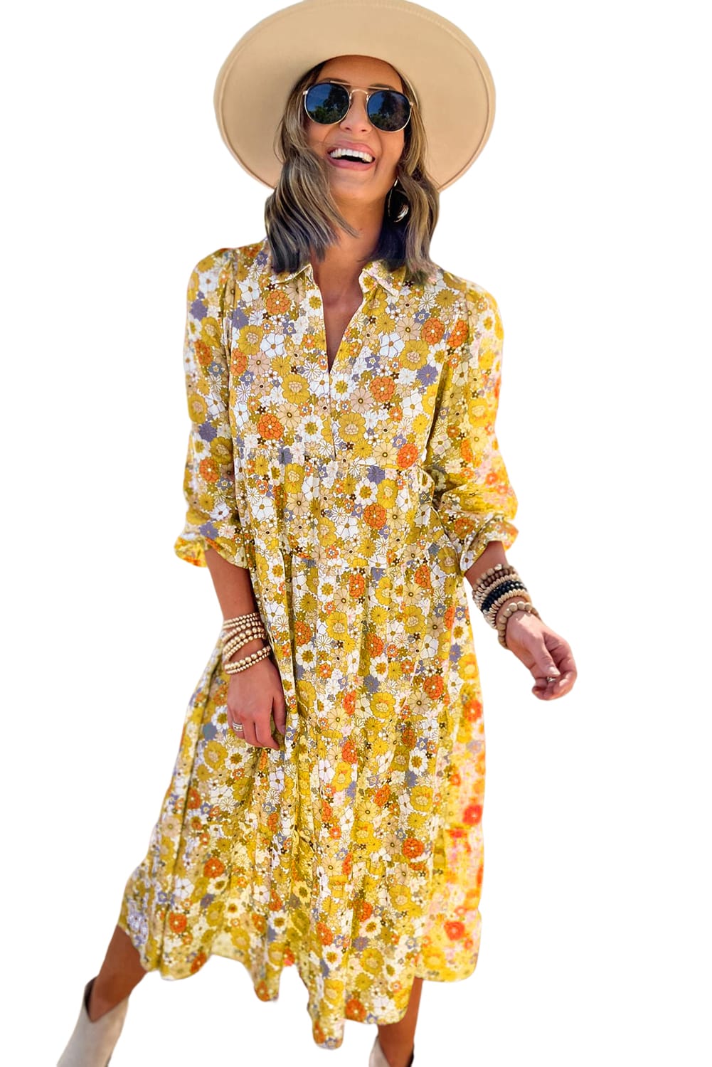 Yellow Boho Floral Collared Long Sleeve Dress