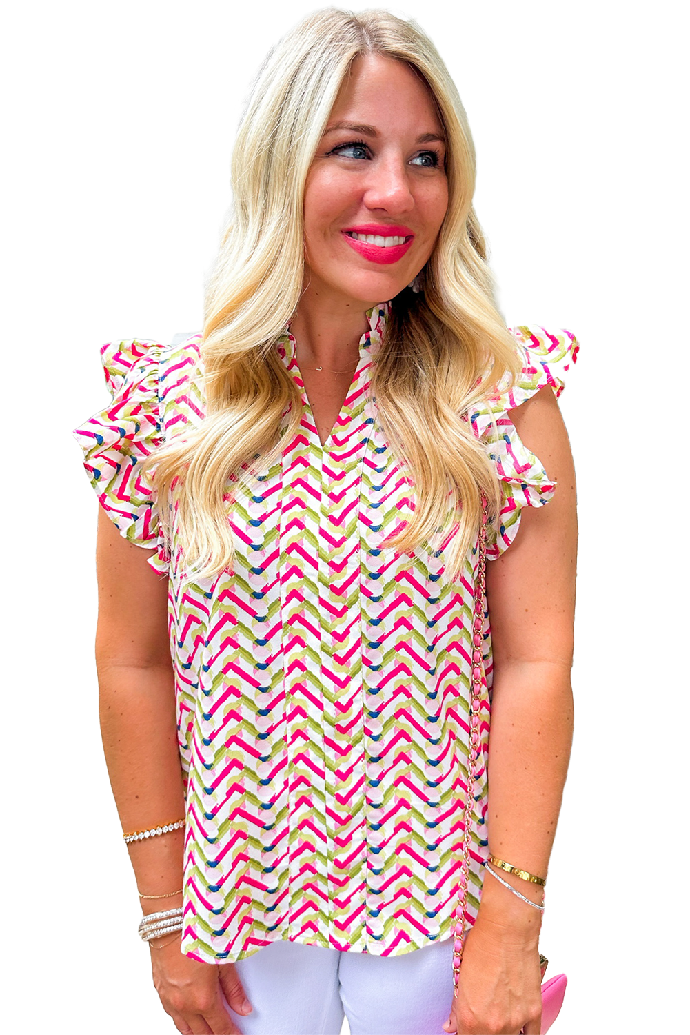 Multicolor Chevron Print Frill V Neck Ruffle Blouse