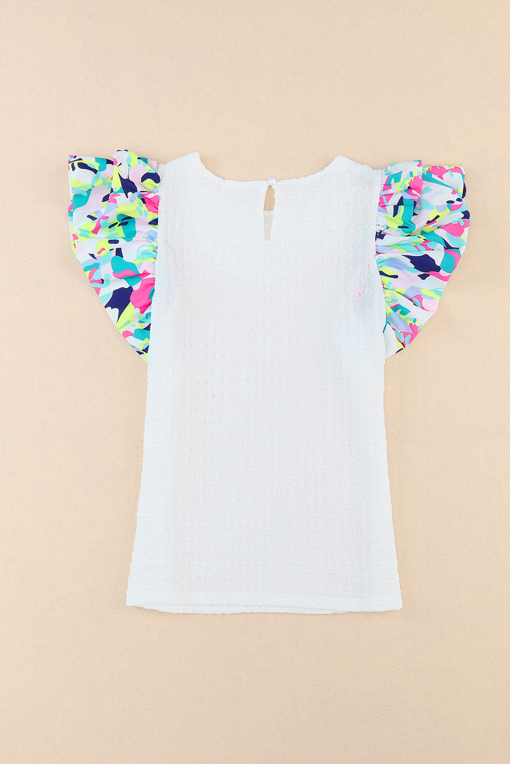 White Abstract Print Puff Sleeve Textured Top