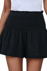 Black Basic Smocked High Waist Ruffle Shorts