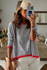 Striped Print Trim Drop Sleeve Knit Pullover Sweater