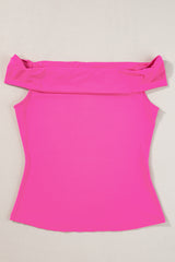 Bright Pink Solid Color Folded Off Shoulder Slim Blouse