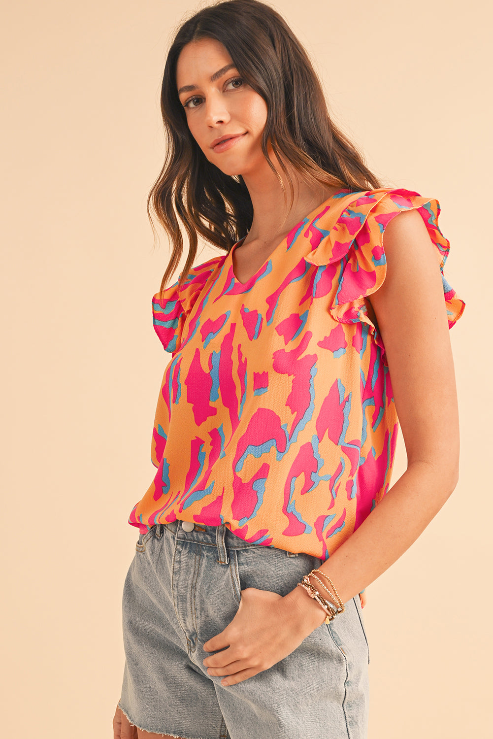 Orange Abstract Print V Neck Ruffled Sleeve Blouse