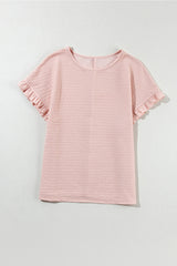 Light Pink Solid Textured Frill Cuffs Short Sleeve Blouse