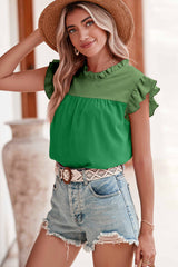 Bright Green Two Tone Pleated Ruffle Trim Blouse