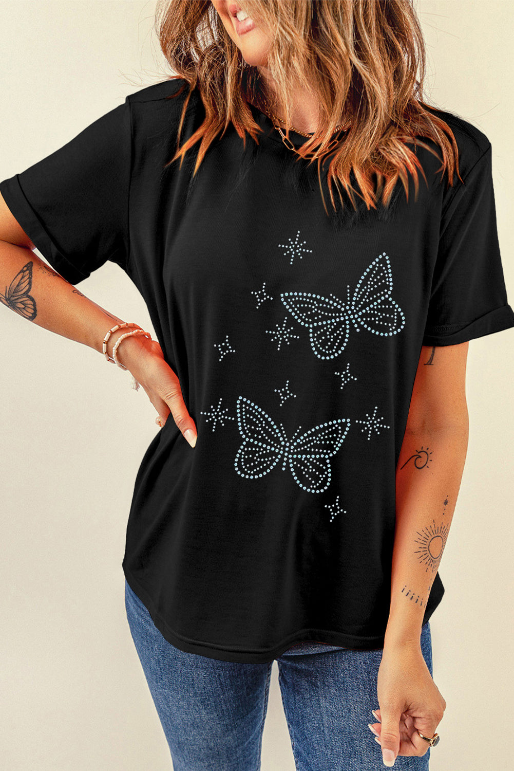 Black Glittering Rhinestone Butterfly Graphic T Shirt