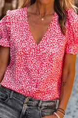 Pink Abstract Print Casual V Neck Ruffle Sleeve Blouse