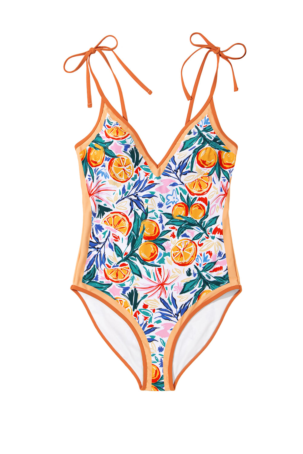 Orange Fruit Plant Print Tie Straps V Neck One Piece Swimsuit