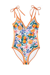 Orange Fruit Plant Print Tie Straps V Neck One Piece Swimsuit