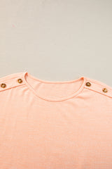 Apricot Pink Solid Color Button Decor Batwing Sleeve Tee