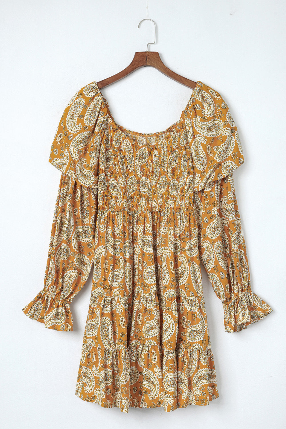 Yellow Boho Paisley Floral Print Long Sleeve Short Dress