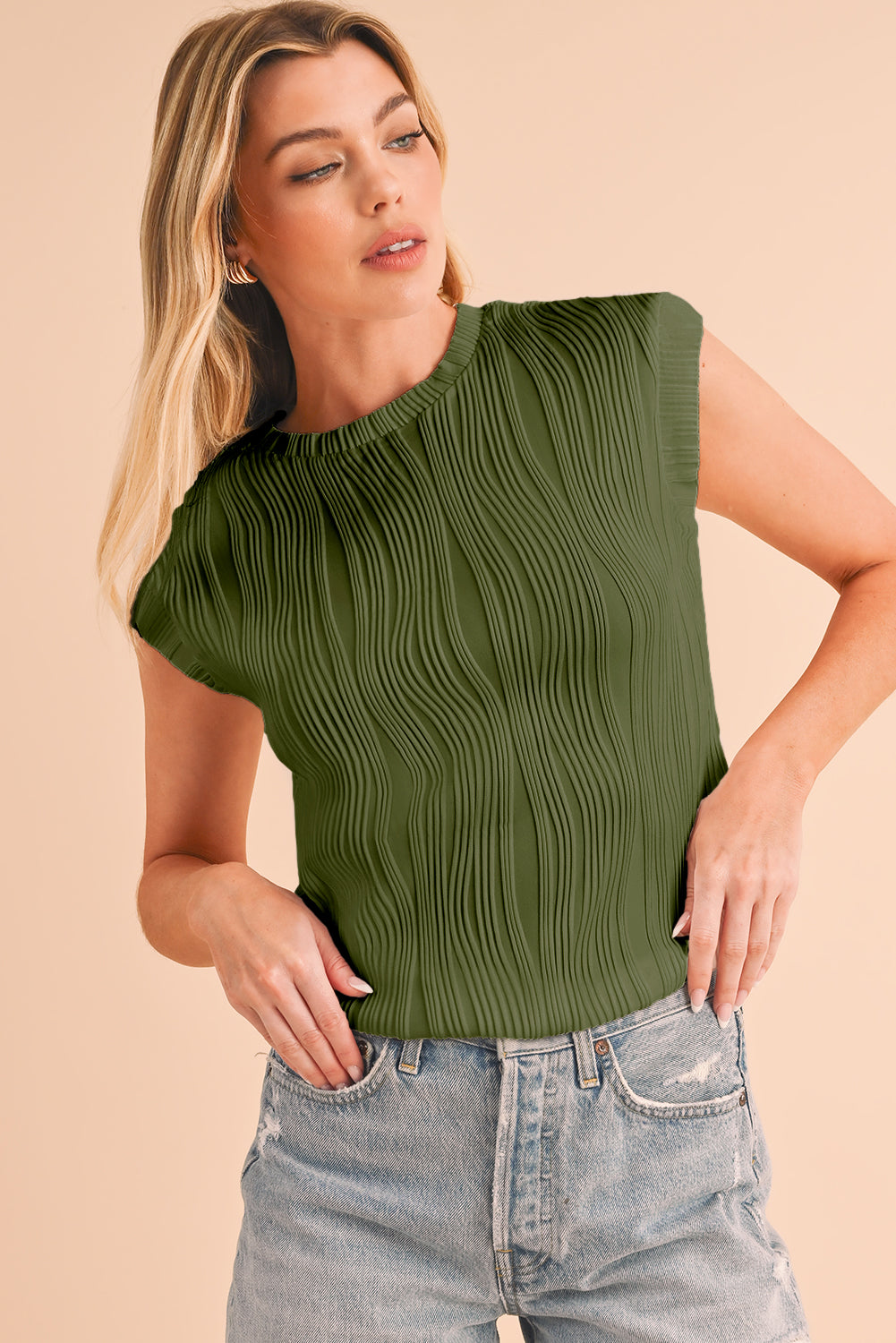 Jungle Green Wavy Textured Cap Sleeve Top