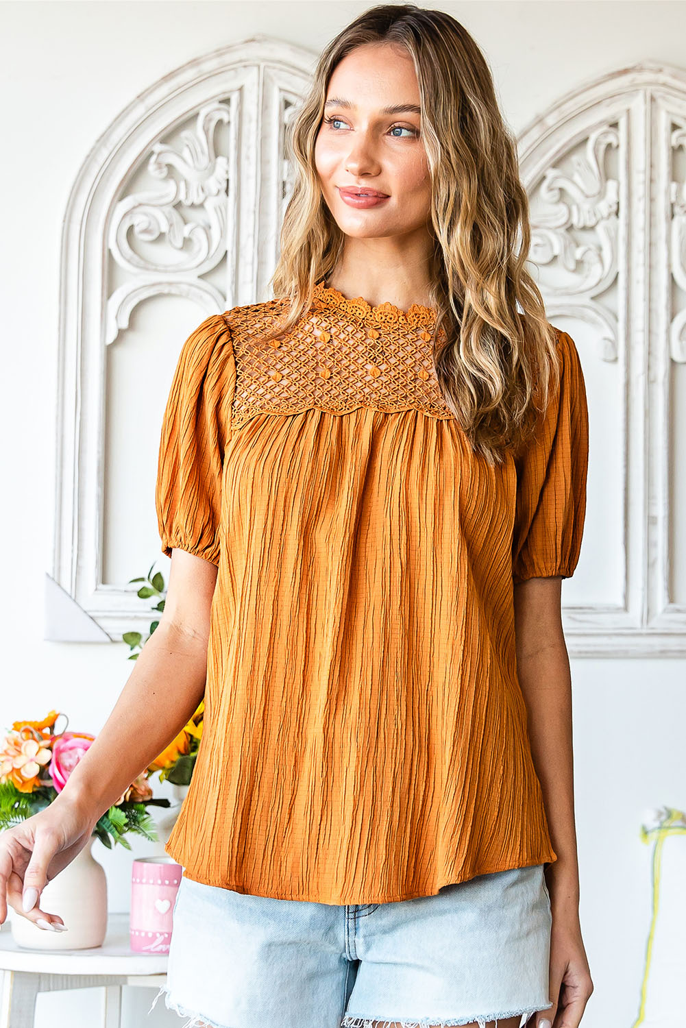 Orange Textured Lace Crochet Casual Keyhole Puff Sleeve Blouse