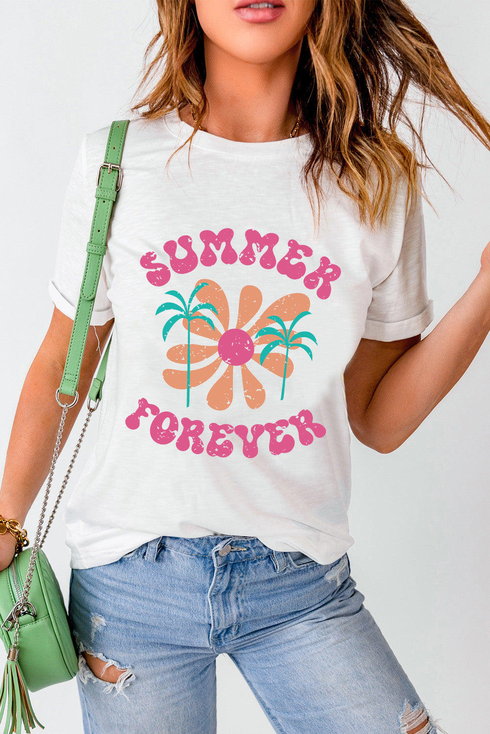 White Summer Forever Flower Graphic Tunic T Shirt