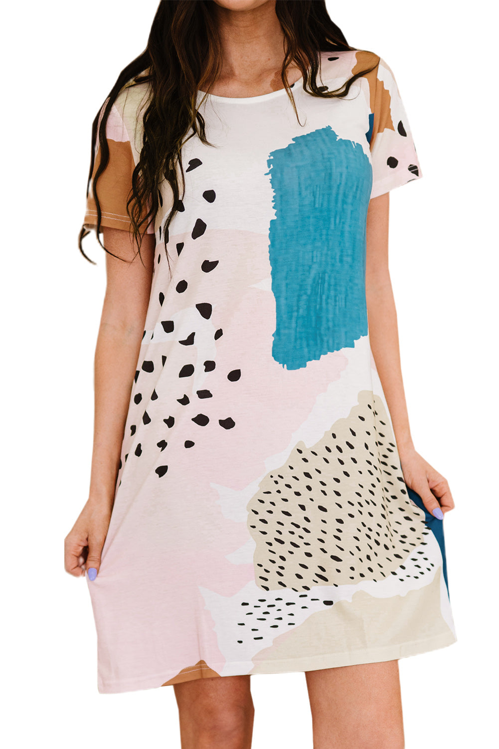 Tie Dye and Spotted Print Color Block Casual T Shirt Summer Dress