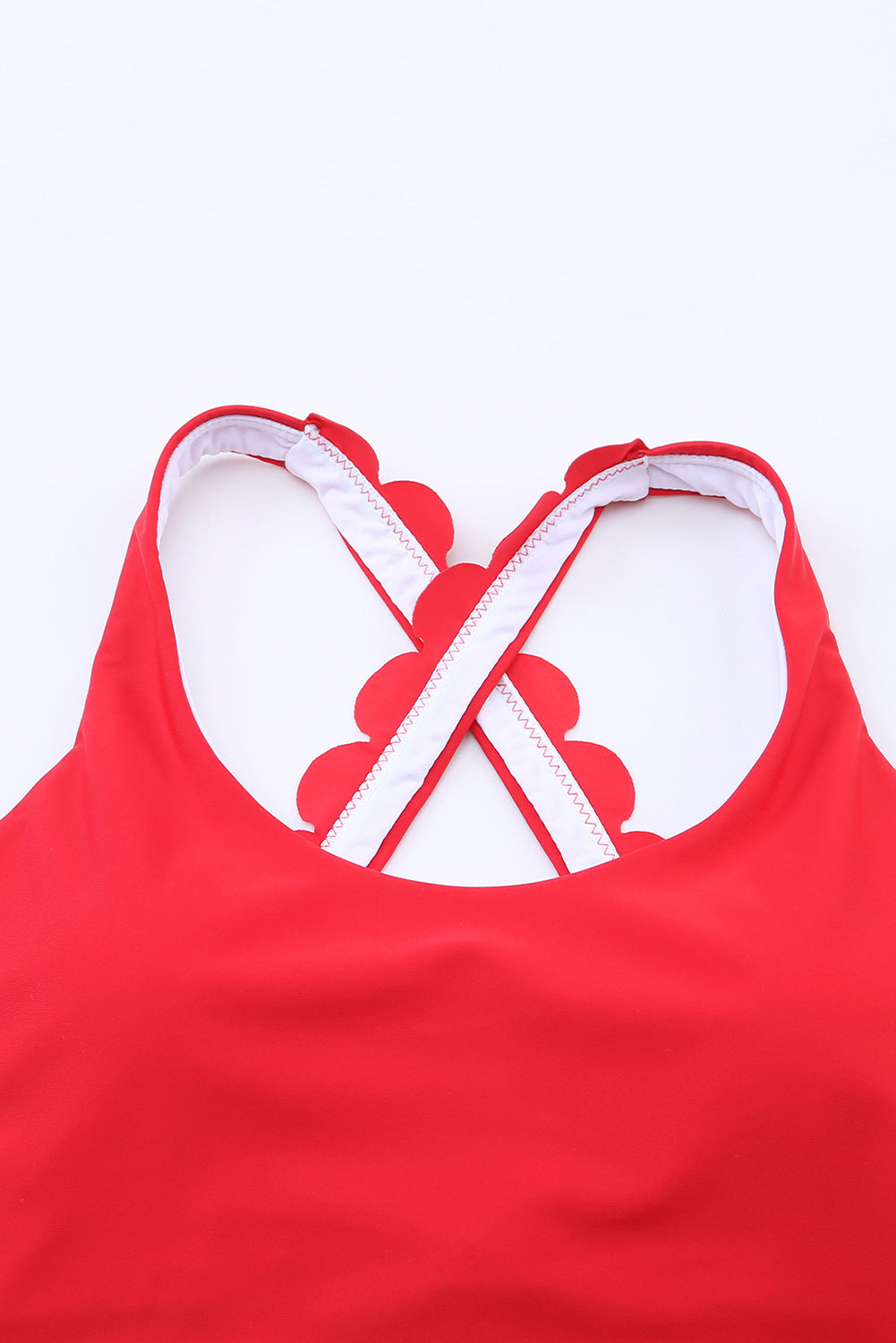 Red Scalloped Trim Criss Cross Contrast Mesh Two Piece Swimsuit