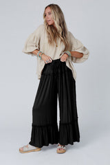 Black Frill Detail Drawstring High Waist Wide Leg Pants