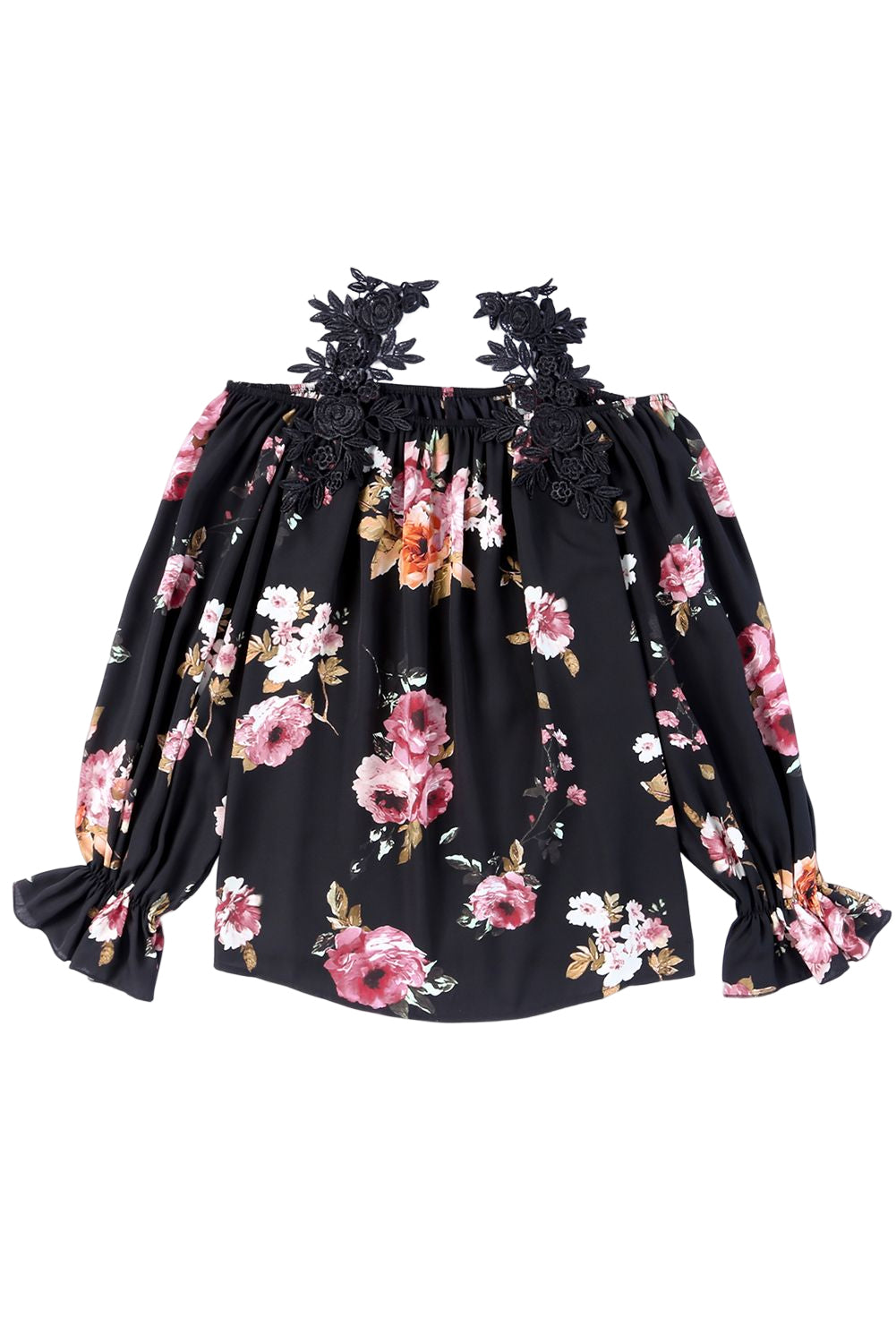 Black Floral Print Lace Loose Off Shoulder Blouse