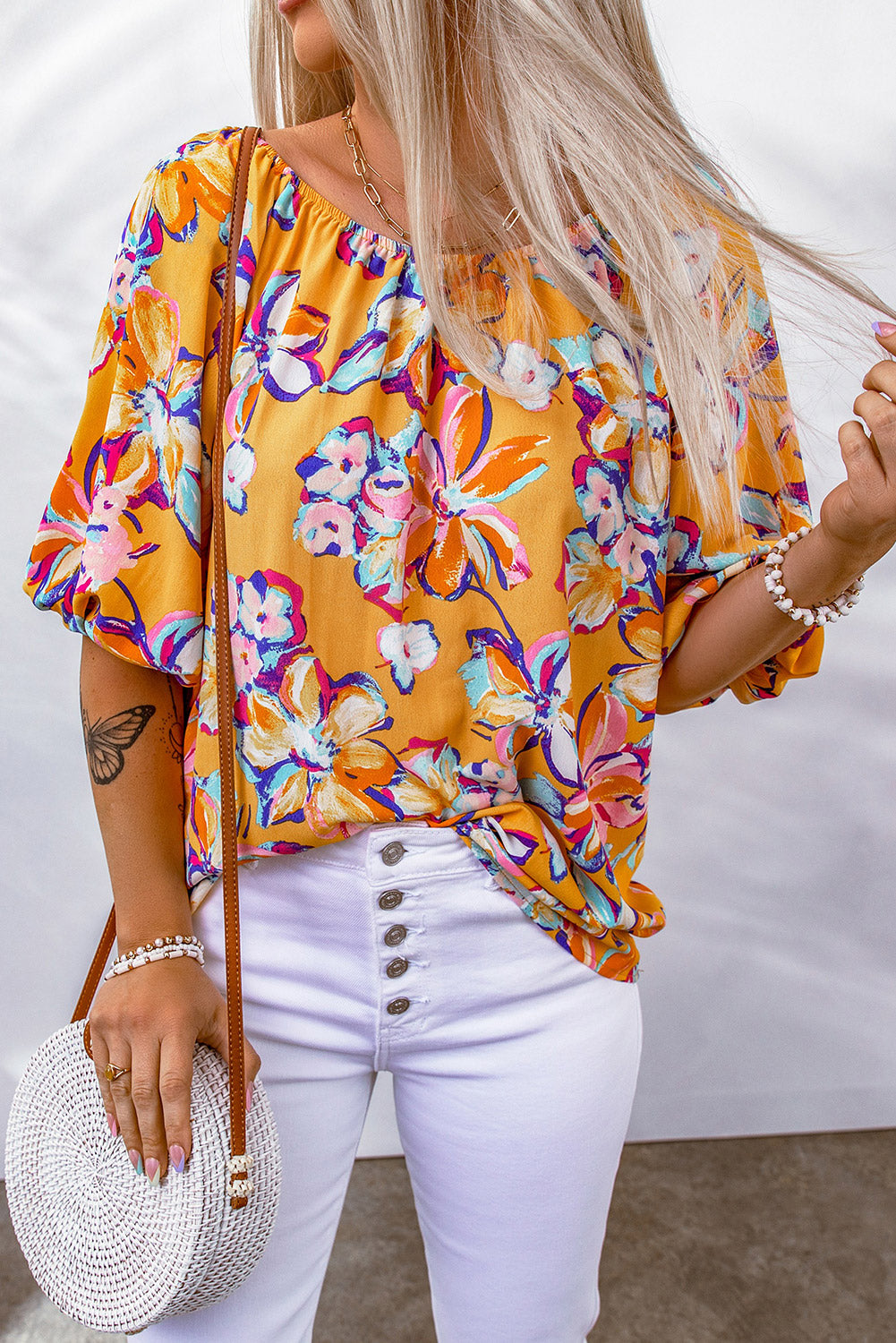 Yellow Floral Print Boho Half Sleeve Bishop Sleeve Blouse