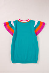 Turquoise Contrast Sleeve Striped Round Neck Knitted Tee