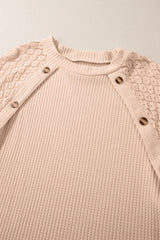 Beige Plus Size Lace Patchwork Buttons Waffle Knit Top