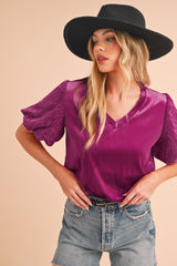 Bright Pink V-Neck Short Puff Sleeve Blouse