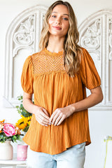 Orange Textured Lace Crochet Casual Keyhole Puff Sleeve Blouse