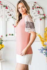 Pink Rib-Knit Leopard Lace Splicing Sleeve Patchwork Summer Top