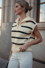 White Stripe Zipped Collar Cap Sleeve Knit Top