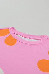 Pink Colorful Flower Print Bubble Sleeve Tee