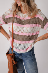 Brown Stripe Color Block Hollow Crochet Sweater