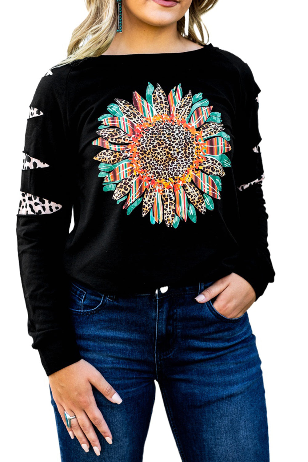 Ripped Sleeve Serape Leopard Sunflower Graphic Sweatshirt