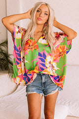 Pink Floral Print V Neck Oversized Short Sleeve Blouse