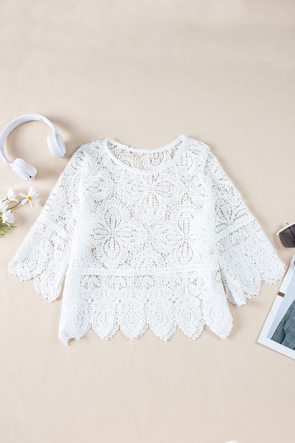 Oatmeal Hollowed Macrame Lace Crochet Bohemian Blouse